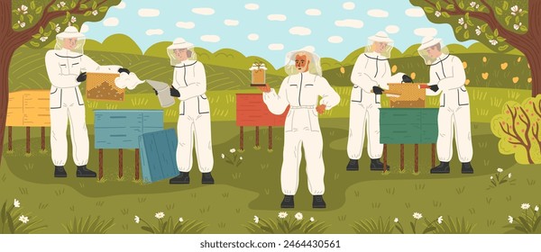 Apiario en Ilustración vectorial paisajística rural con apicultores