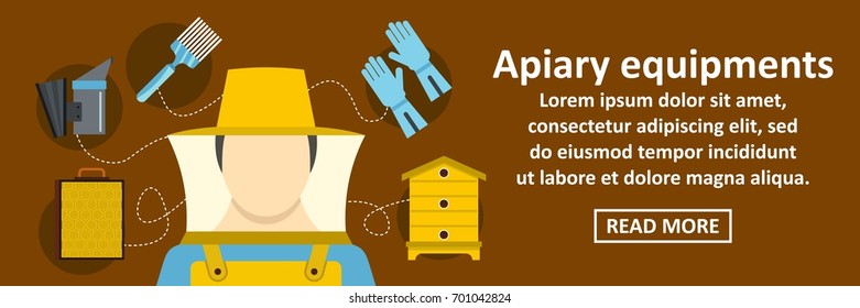 Apiary equipments banner horizontal concept. Flat illustration of apiary equipments banner horizontal vector concept for web