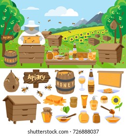 Apiary farm vector honey making icons illustration