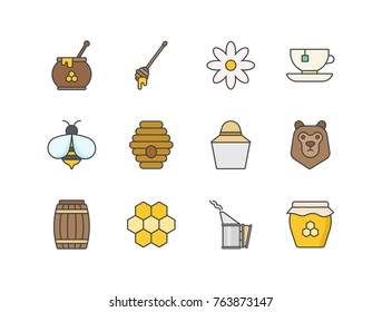 Apiary flat line colored icons set with honey pot, dipper, jar, barrel, tea, flower, bee, beehive, beekeepers hat, bear, propolis.