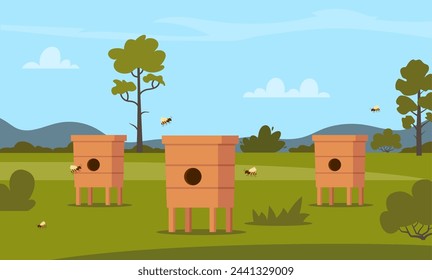 Apiary with hives and honey bees. Farm with beehives and flower garden panorama. Apiculture beekeeping. Vector illustration