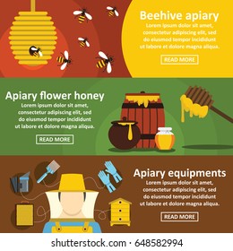 Apiary honey banner horizontal concept set. Flat illustration of 3 apiary honey vector banner horizontal concepts for web.