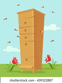 Apiary Honey Bee House. Vector Flat Cartoon Illustration