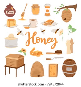 Apiary honey farm vector illustrations beekeeping honecomb jar natural organic sweet insect honied beeswax honeyed beehive beekeeper tools.