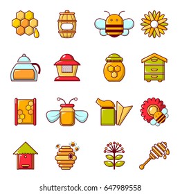 Apiary honey icons set. Cartoon illustration of 16 apiary honey vector icons for web