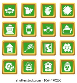 Apiary honey icons set vector green square isolated on white background 