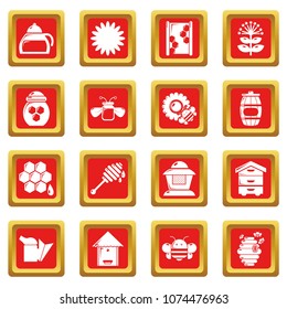 Apiary honey icons set vector red square isolated on white background 