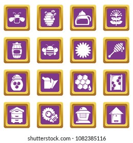 Apiary honey icons set vector purple square isolated on white background 