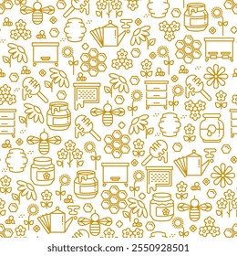 Apiary icon seamless pattern. Honey production line symbols