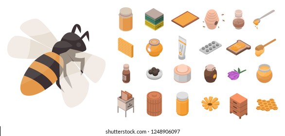 Apiary icon set. Isometric set of apiary vector icons for web design isolated on white background