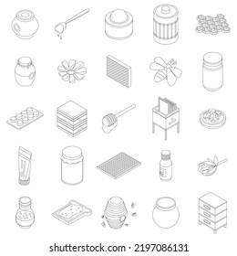 Apiary icon set. Isometric set of apiary vector icons outline thin lne isolated on white
