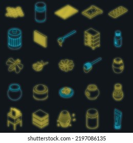 Apiary icon set. Isometric set of apiary vector icons neon color on black