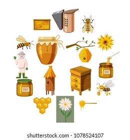 Apiary icons set in cartoon style. Honey and beekeeping set collection vector illustration