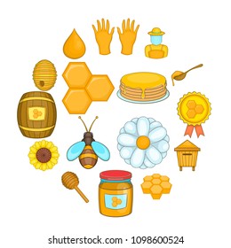 Apiary icons set in cartoon style. Honey and beekeeping set collection vector illustration