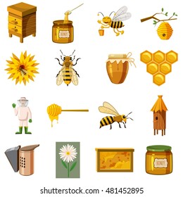 Apiary icons set in cartoon style. Honey and beekeeping set collection vector illustration