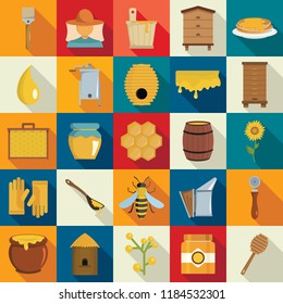 Apiary icons set. s set. Apiary vector icons set in flat style with bee, honey for web and advertising with long shadow