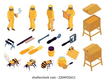 Apiary isometric color set with beekeepers bees and various equipment for beekeeping isolated 3d vector illustration