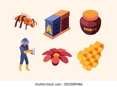 Apiary isometric. Honey farm and accessories flowers bees keeping customers honeycomb garish vector 3d illustrations set