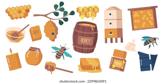 Apiary Items Set. Smoker, Hive, Honey Dipper, Queen, Bees And Beeswax Candle. Frame, Wooden Barrel, Combs