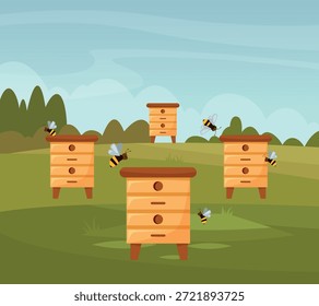 Apiário. paisagem com casas para abelhas. modelo vetorial