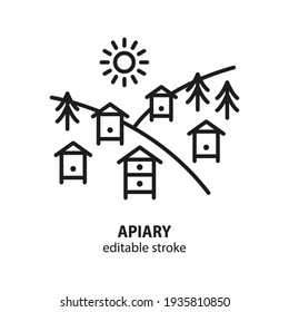 Apiary line icon. Bee garden vector illustration with beehive, tree, sun and mountains. Editable stroke.
