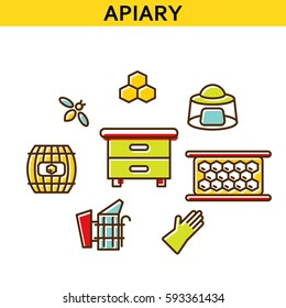 Apiary line icons vector. Bee-garden colored symbols beehive, honey, bee and honeycomb.