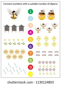 Apiary math educational game for children. Cartoon Illustration of educational mathematical addition activity game for Kids. Honey card. Vector illustration. 