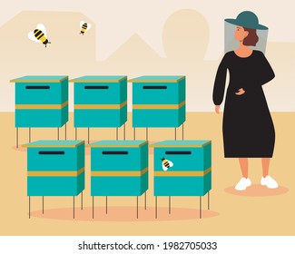 Apiary on a farm in the village. Flat vector stock illustration. The woman contains bees. Masked beekeeper. Production of honey on the farm. Beekeeping with bee houses. Vector graphics