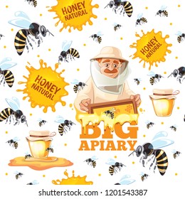 Apiary pattern. Honey bees and beekeepers in mask vector cartoon seamless background for textile designs