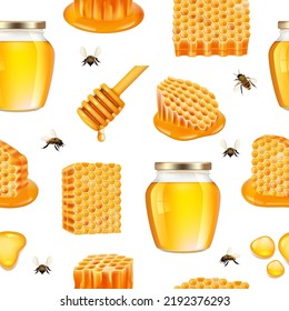 Apiary pattern. Honeycomb cells healthy ingredients decent vector seamless background with bee wax