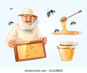 Apiary Pictures Set With Bee, Honey, Honeycomb And Man Beekeeper In Special Costume. Bank With Honey.