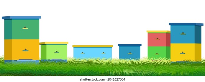 Apiario. Paisaje rural con colmenas de abejas coloridas. Borde inferior. Vista frontal. Aislado sobre fondo blanco. Ilustración del apicultor con colmena. Vector