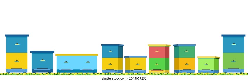 Apiary. Rural farm landscape with colorful bee hives. Lower bottom border. Isolated on white background. Beekeeper illustration with beehive. Vector