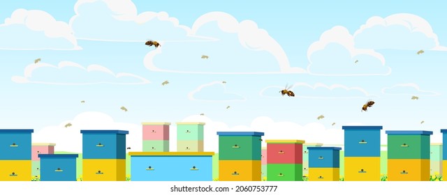 apiary, rural, farm, landscape, colorful, bee, hives, bright, summer, sky, white, clouds, flight, bees, beekeeper, illustration, beehive, vector