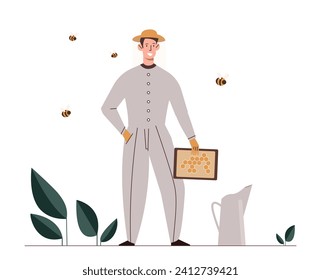 Apiary scene concept. Man in white protective uniform. Farming and apiculture. Natural and organic sweet product. Template and layout. Cartoon flat vector illustration isolated on white background