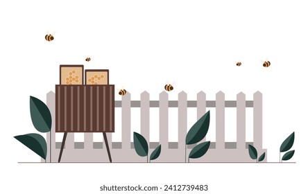 Apiary scene concept. White fence with bee near home. Farming and apiculture. Natural and organic sweet product. Poster or banner. Cartoon flat vector illustration isolated on white background