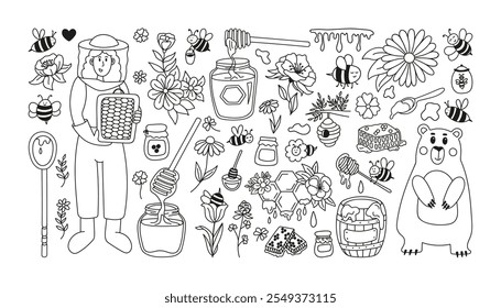 Conjunto de apiculares con niña apicultora, panales, abejas lindas, oso, frasco de vidrio, cuchara, colmena, barril de madera y flores silvestres. Dibujado a mano doodle rústico ilustraciones. 