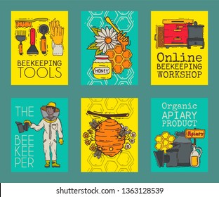 Apiary set of cards vector illustration. Beekeeping tools. Online beekeeping workshop. Beekeeper in protective suit with equipment. Organic apiary product. Jar with honey.
