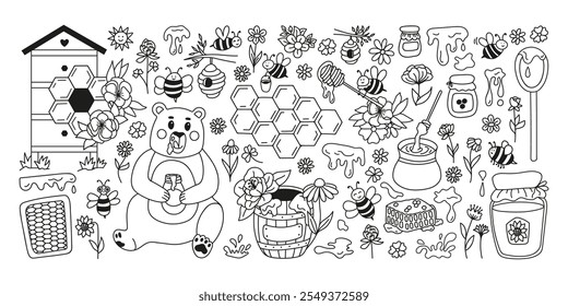 Conjunto de colmenas con panales, abejas lindas, oso, frasco de vidrio, ollas, cuchara, colmena, barril de madera y flores silvestres. Dibujado a mano doodle rústico ilustraciones. 