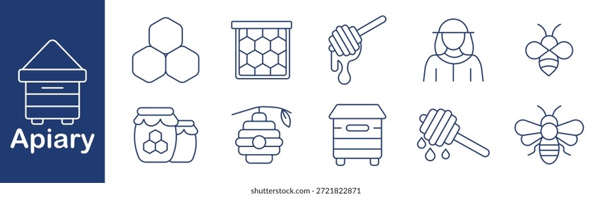 Apiary-Set-Symbol. Biene, Bienenstock, Honig, Imker, Glas, Wabe, Taucher, Schwarm, Wachs, Insekt, Natur, Landwirtschaft, Bestäubung, Süße, Produkt.