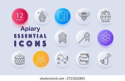 Icono de conjunto de apiarios. Colmena, panal, abeja, tarro de miel, marco de la colmena, cucharón, vela de cera, apicultor, campo, ahumador, barril que se muestra en el tema de icono de apicultura delineado.