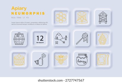 Apiary-Set-Symbol. Imkereiwerkzeuge, Wabenzelle, Bienenstock, Fass, Waldfläche, Honigwischer, Wachskerze, Raucher, Biene, etikettiertes Honigglas, Toastscheibe in neumorphem quadratischem Gitter.