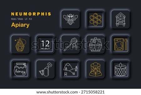 Apiary set icon. Displays beehive, bee, hexagons, honey dipper, honey jar, smoker, toast, mountain, beekeeper, barrel, wax candle, number badge