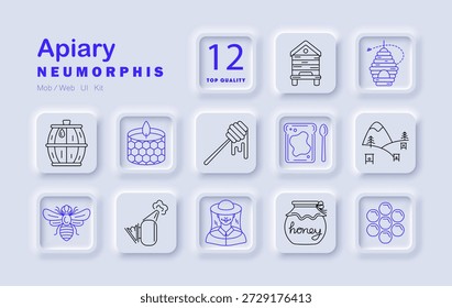 Apiary-Set-Symbol. Bienenstock, Biene, Imker, Honigkrug, Dipper, Wachskerze, Honigwabe, Toast, Bäume, Fass, Rauch, Löffel Imkerei und Honigprodukte.