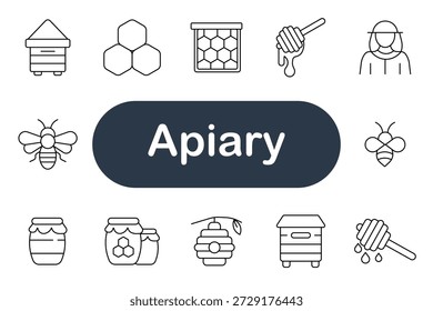 Icono de conjunto de apiario. Colmena, abeja, panal, apicultor, tarro, cucharón, miel, cera, marco, naturaleza, flor, polinización, agricultura, producción, insecto, néctar, trabajo, medio ambiente, granja, producto