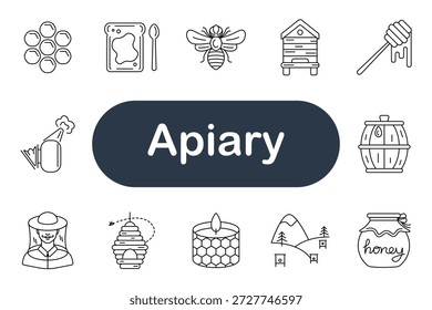Icono de conjunto de apiarios. Panal, abeja, colmena, tarro, cucharón de miel, apicultor, fumador, barril, marco, colmenar de montaña, néctar, cera, flor, naturaleza, apicultura, granja, polinización, agricultura, producción, cosecha