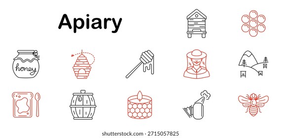 Icono de conjunto de apiarios. Tarro, colmena, cucharón, apicultor, panal, tostadas, cera, barril, abeja, granja de montaña, humo, vela, apicultura, equipo, colmenar, herramienta, naturaleza, producción.
