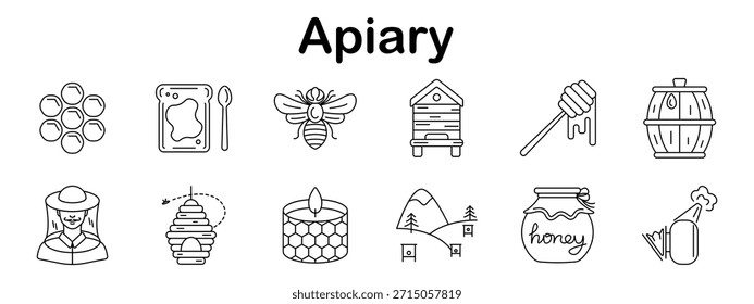 Apiary set icon. Line style elements showing bees, hives, honeycomb, jars, beekeepers, smoker, dipper, and nature symbols from honey farming environments