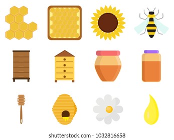 Apiary set isolated on white background in flat style. Beekeeping icons: jar of natural organic sweet honey, beeswax, bee insect, beehive and flower. Vector illustration