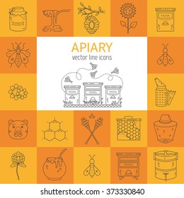 Apiary set  vector line icons. Apiary vector symbols. Bee, honey, bee house, honeycomb, flowers, bear, beehive and wax . Honey natural healthy food production. 